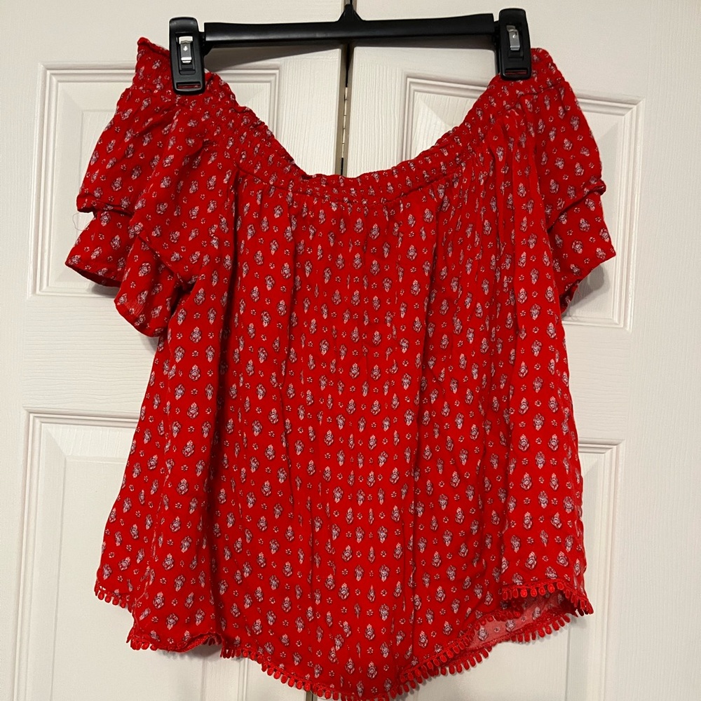 Light weight soft red off the shoulder top